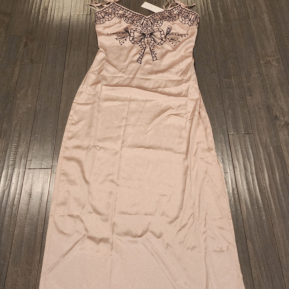 Sleeveless Blush Pink Satin Maxi Dress with Embroidered Bodice